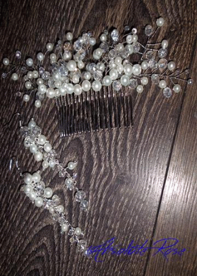 Дизайнерски Гребен- украса за коса с перли и кристали комплект с обици модел White drops